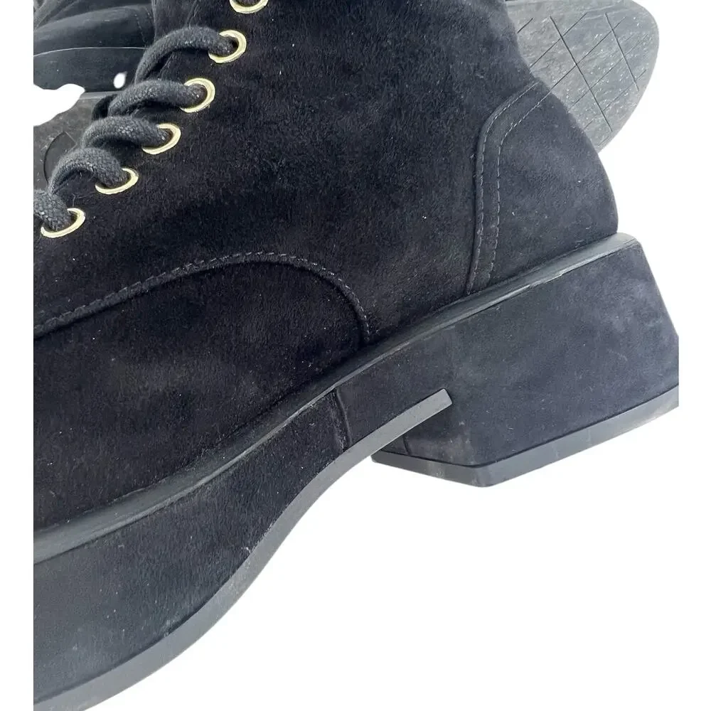 Chanel CC Suede Quilted Lace Up Combat Cap Toe Boots in Black